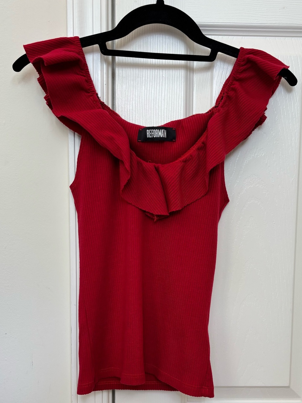 Reformation Roxanna Ruffle Neck Ribbed V Neck Top